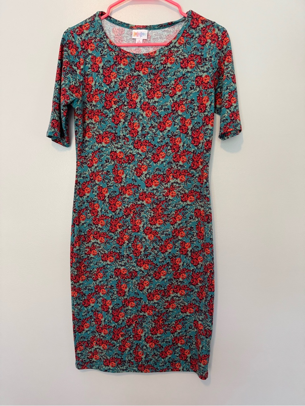 LuLaRoe Teal Dress with Red Floral Print
